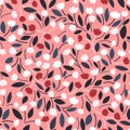 Spring floral print with Tulip flowers and leaves scattered randomly on a pastel pink background. Seamless pattern in a simple cut Royalty Free Stock Photo